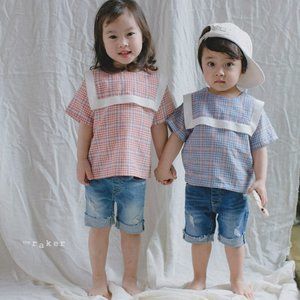 Kids Toddler Square Collar Check Plaid Blouse